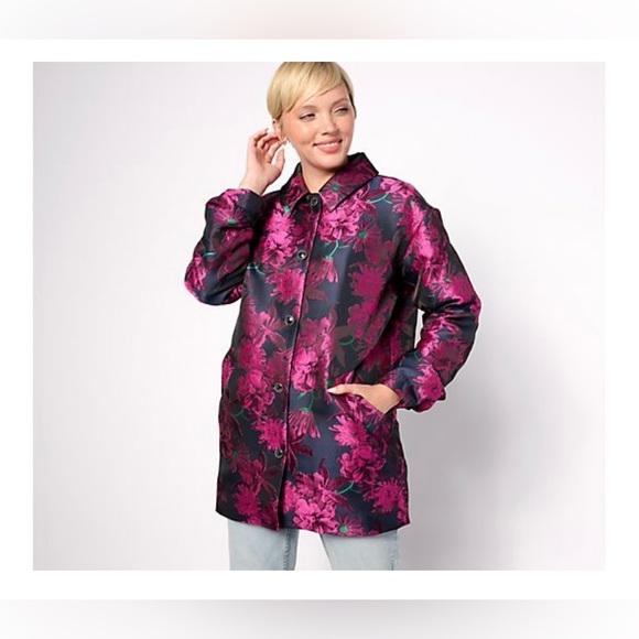 Pink, Emerald & Navy Floral Jacquard Jacket Coat | Mizrahi | Fur Lined | NWT - Picture 3 of 8